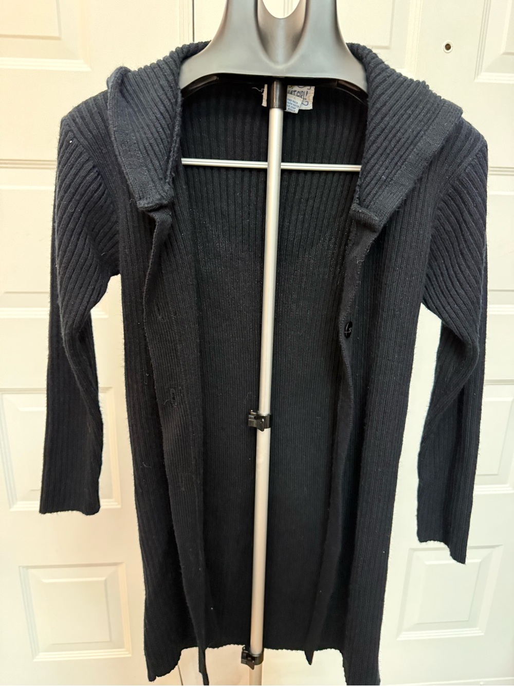Classic Black Hooded Rib-Knit Cardigan Sweater missing belt and loop broken - Picture 2 of 8